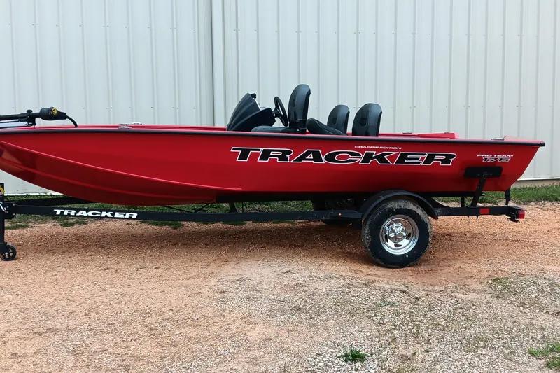 The Image of Red 2026 Tracker Pro Team 175 boat on trailer, parked outdoors. - 0