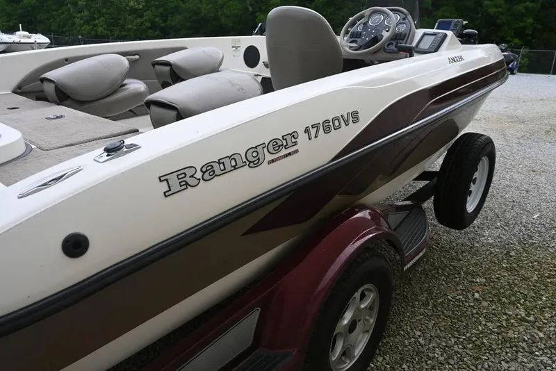 Slide: The Image of 2007 Ranger 1760 Angler boat on trailer, featuring sleek design and comfortable seating. - 3