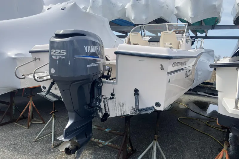 Slide: The Image of 1998 Grady-White Seafarer 226 boat with Yamaha 225 outboard motor in storage. - 9