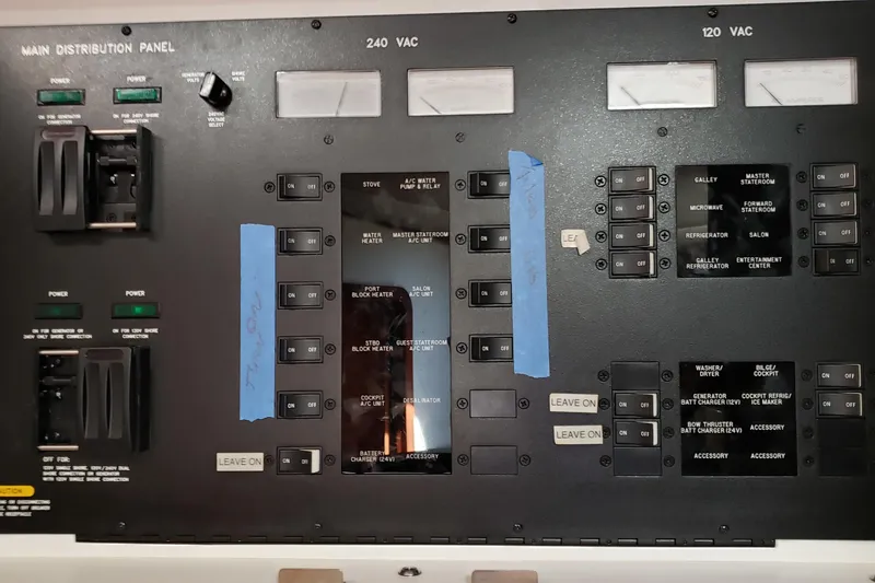 Slide: The Image of Main distribution panel of 2004 Sea Ray 550 Sundancer yacht with labeled switches. - 84