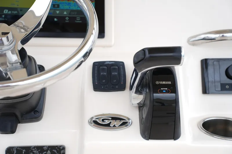 Slide: The Image of Close-up of 2015 Grady-White 251 Coastal Explorer helm with Yamaha controls. - 25