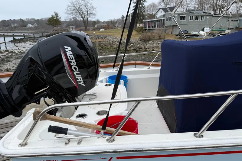 Slide: The Image of 2021 Boston Whaler 150 Montauk with Mercury engine docked by the shore. - 9