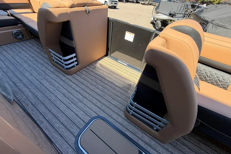 Slide: The Image of Luxurious interior of 2026 Harris Grand Mariner 250 SL pontoon boat with plush seating. - 13