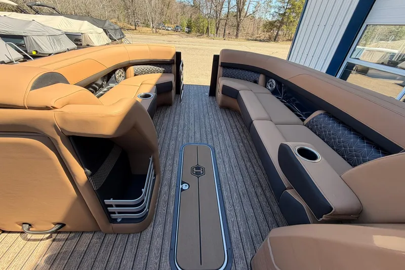 Slide: The Image of Luxurious interior of 2026 Harris Grand Mariner 250 SL pontoon boat with plush seating. - 30