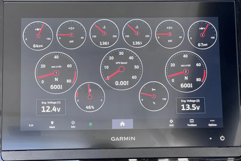 Slide: The Image of Garmin display showing Blackfin 272 DC engine metrics, including RPM, voltage, and pressure gauges. - 109