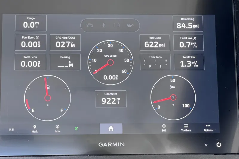 Slide: The Image of Garmin display on 2023 Blackfin 272 DC showing fuel and navigation data. - 110