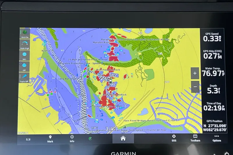 Slide: The Image of Garmin marine GPS display on Blackfin 272 DC, showing navigation map and data. - 111