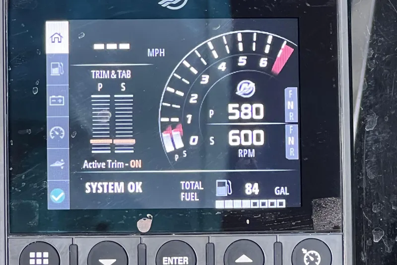 Slide: The Image of Display panel of 2023 Blackfin 272 DC showing RPM, trim, and fuel status. - 112