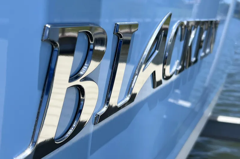 Slide: The Image of Close-up of chrome "Blackfin" logo on 2023 Blackfin 272 DC boat. - 21