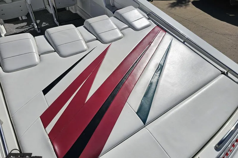 Slide: The Image of 2001 Formula 382 FASTech boat interior with white, red, and black upholstery design. - 35