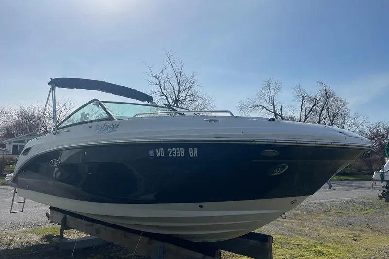 Slide: The Image of 2019 Sea Ray SDX 250 boat on trailer under clear sky. - 4