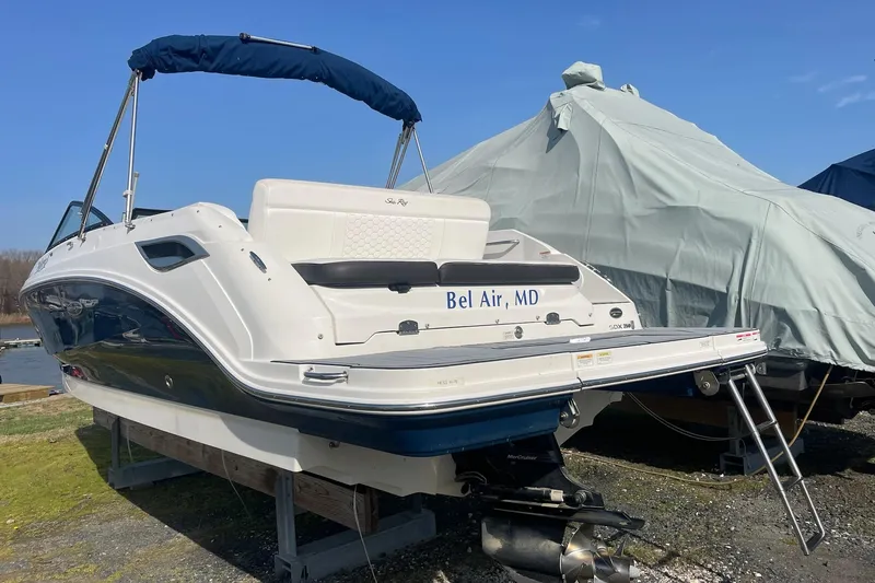 Slide: The Image of 2019 Sea Ray SDX 250 boat on trailer, Bel Air, MD, sunny day. - 6