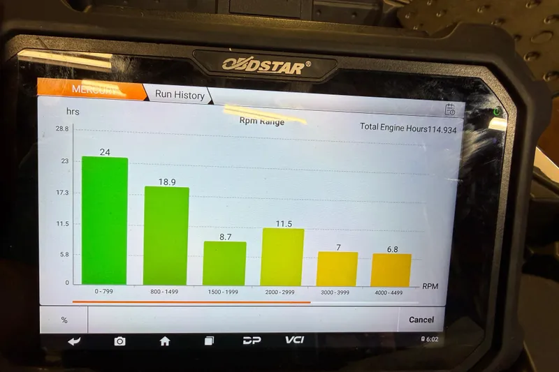 Slide: The Image of Display screen showing engine run history with RPM range and total hours for Stratos 176 VLO, 2016. - 30