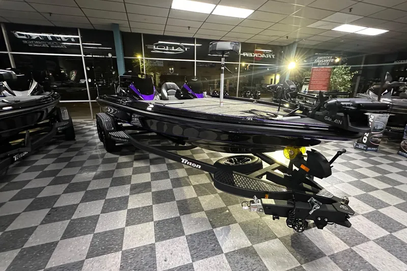 Slide: The Image of 2025 Triton 19 TrX Patriot boat displayed in showroom with checkered floor. - 76
