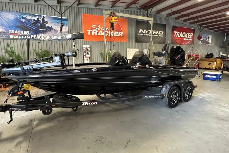 Slide: The Image of 2025 Triton 19 TrX Patriot boat in showroom, featuring sleek black design and advanced equipment. - 2