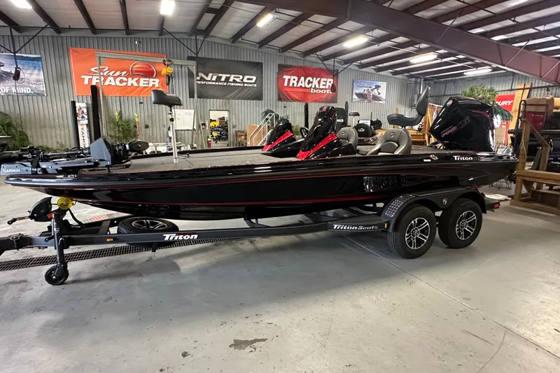 The Image of 2026 Triton 20XP Patriot boat in showroom, featuring sleek design and modern equipment. - 0