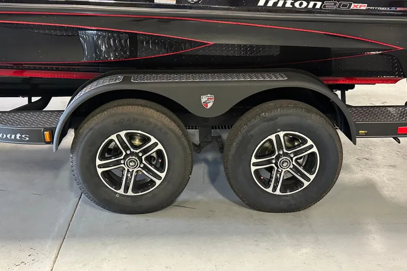 Slide: The Image of 2026 Triton 20XP Patriot trailer with dual wheels and sleek black design. - 18