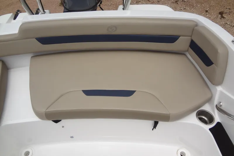Slide: The Image of 2022 Hurricane SunDeck Sport 185 OB boat seating, beige and navy upholstery. - 22