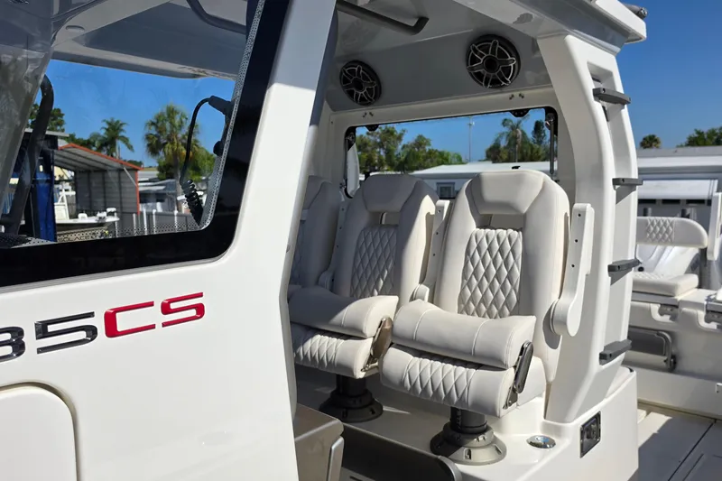 Slide: The Image of 2026 Solace 35CS boat interior with luxurious seating and modern design. - 11