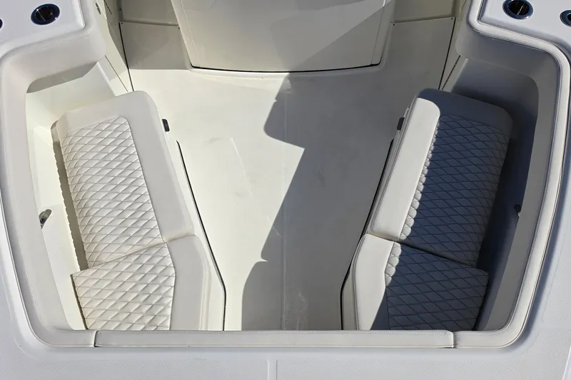 Slide: The Image of Interior seating of 2026 Solace 35CS boat with quilted upholstery. - 16