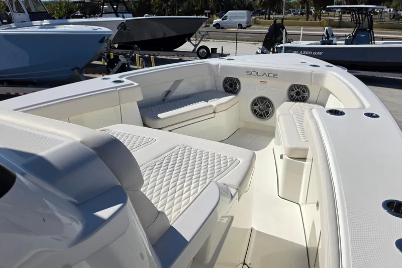 Slide: The Image of Luxurious 2026 Solace 35CS boat interior with plush seating and modern design. - 22