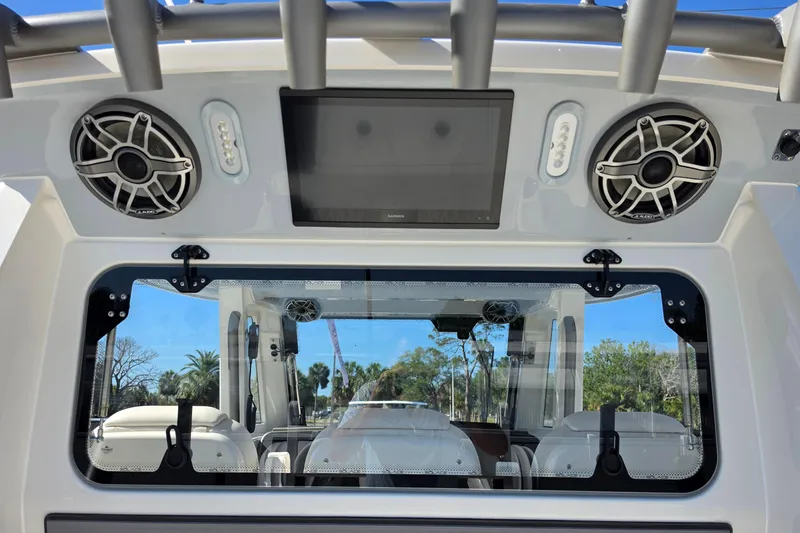 Slide: The Image of 2026 Solace 35CS boat interior with speakers and a screen, showcasing modern design. - 32