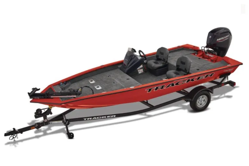 The Image of 2026 Tracker Pro Team 175 Crappie Edition boat, red, with trailer and Mercury engine. - 1