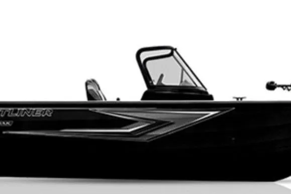 Slide: The Image of 2027 Crestliner 1650 Kodiak WT boat, side view, sleek black design. - 68