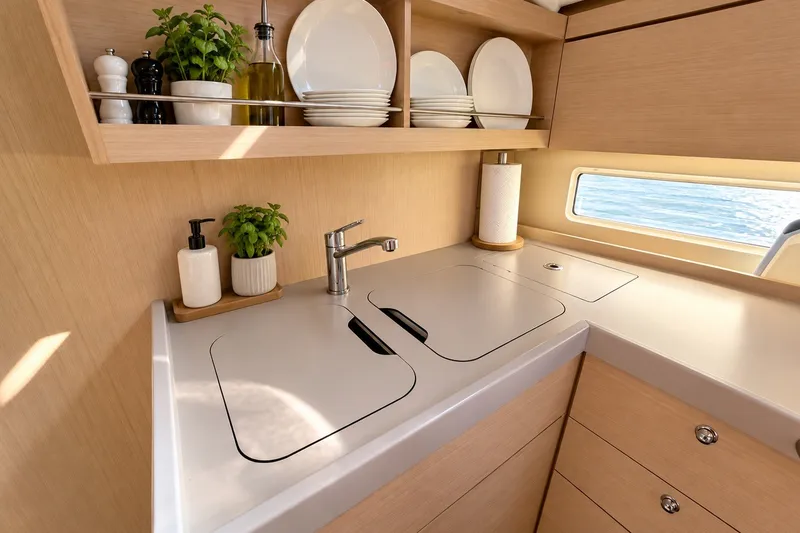 Slide: The Image of Modern kitchen interior of 2022 Beneteau Oceanis 40.1 yacht with sleek design and natural light. - 13
