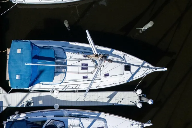 Slide: The Image of Overhead view of 2022 Beneteau Oceanis 40.1 yacht docked at marina. - 119