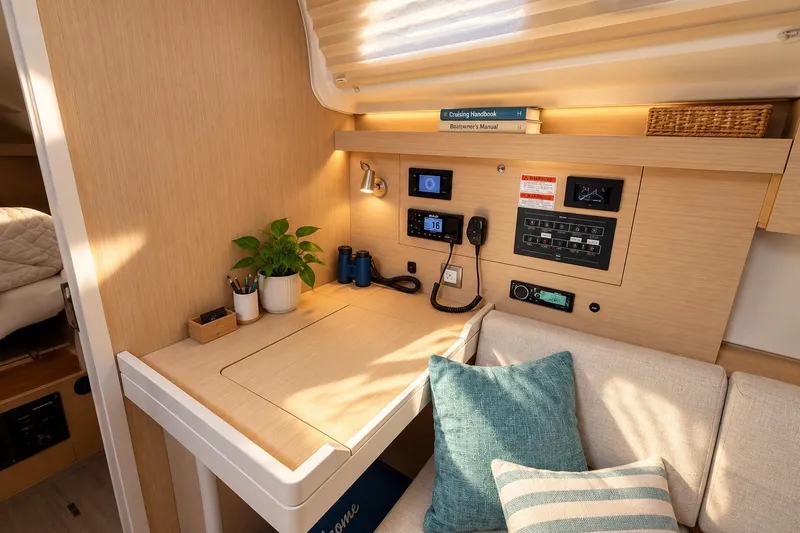 Slide: The Image of Interior of 2022 Beneteau Oceanis 40.1 yacht with navigation station and cozy seating area. - 5