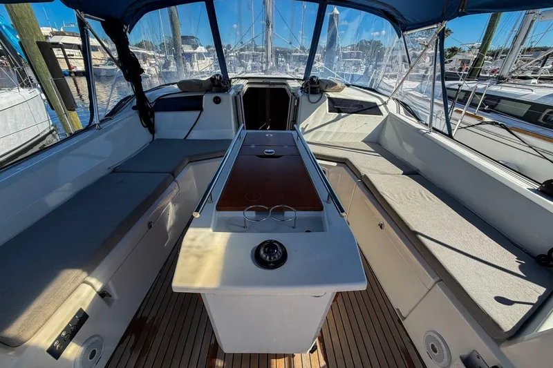 Slide: The Image of 2022 Beneteau Oceanis 40.1 yacht cockpit with seating and table, docked at marina. - 59