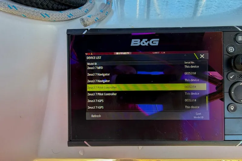 Slide: The Image of B&G navigation display on 2022 Beneteau Oceanis 40.1 sailboat, showing device list. - 72