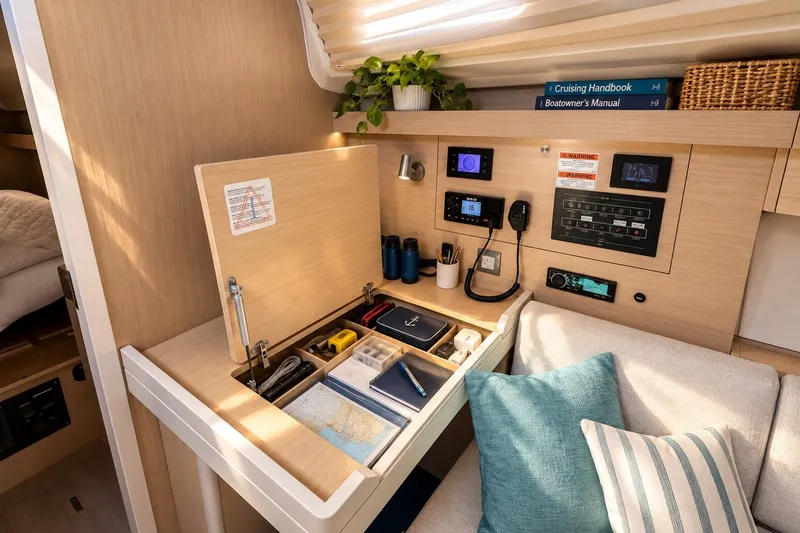 Slide: The Image of Interior of 2022 Beneteau Oceanis 40.1 yacht with navigation station and cozy seating. - 6