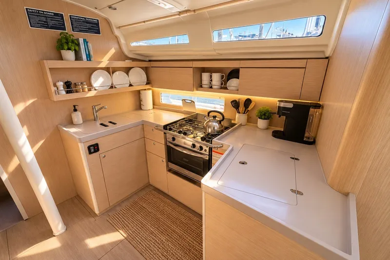 Slide: The Image of Modern kitchen interior of 2022 Beneteau Oceanis 40.1 yacht, featuring sleek cabinetry and appliances. - 12