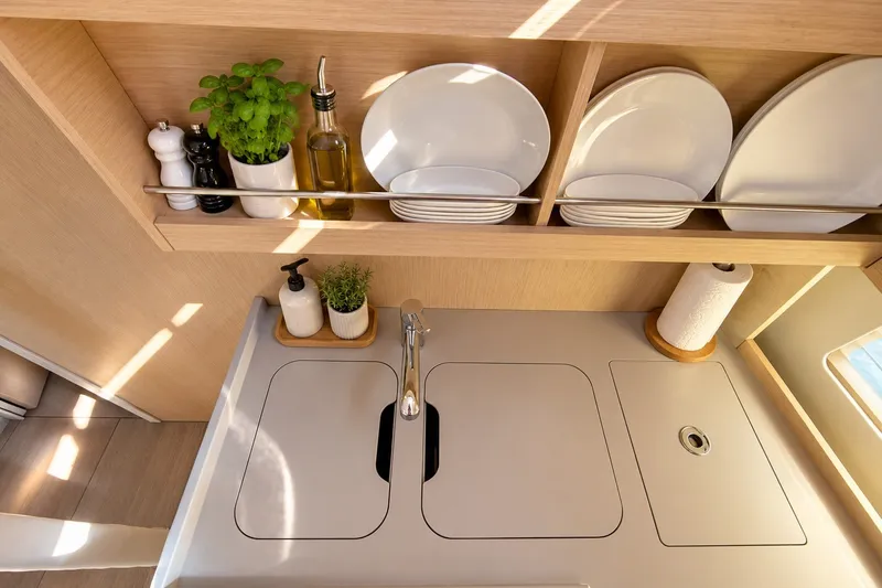 Slide: The Image of Modern kitchen area in 2022 Beneteau Oceanis 40.1 yacht with organized shelves and sink. - 14