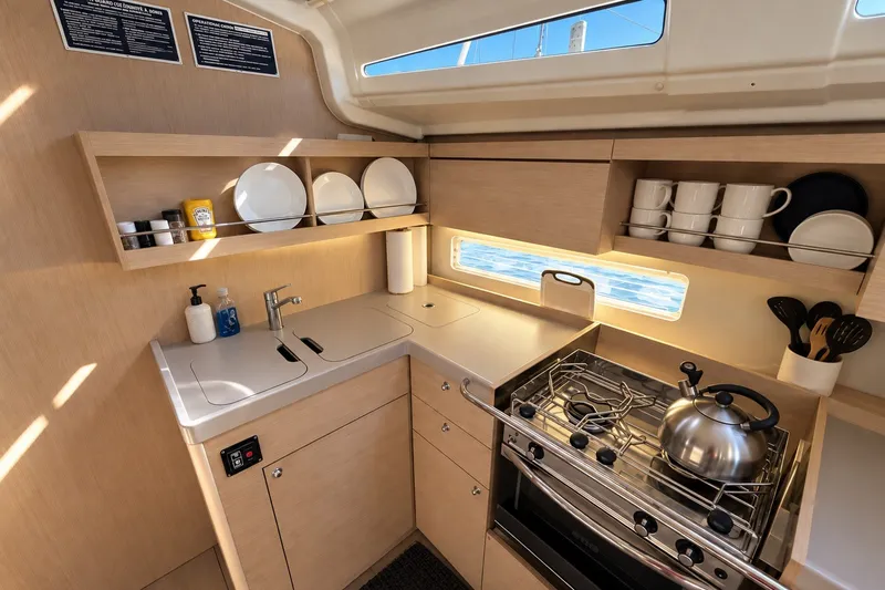 Slide: The Image of Modern kitchen interior of 2022 Beneteau Oceanis 40.1 yacht with stove and cabinetry. - 17