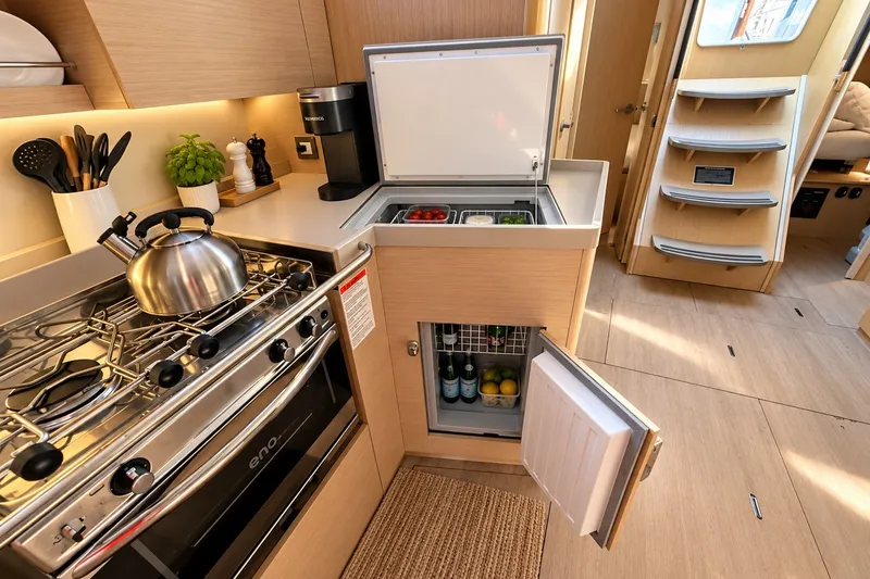 Slide: The Image of Modern kitchen interior of 2022 Beneteau Oceanis 40.1 yacht with stove and refrigerator. - 18