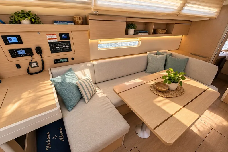 Slide: The Image of Interior of 2022 Beneteau Oceanis 40.1 yacht with cozy seating and modern decor. - 4