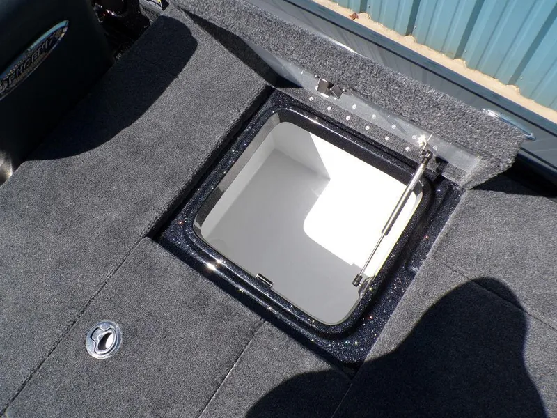 Slide: The Image of Open storage compartment in 2025 Phoenix 920 Elite boat, featuring carpeted interior. - 25