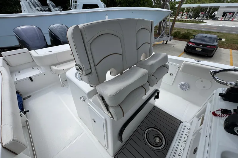 Slide: The Image of 2020 Sea Hunt Gamefish 30 boat with forward seating and dual outboard motors. - 28