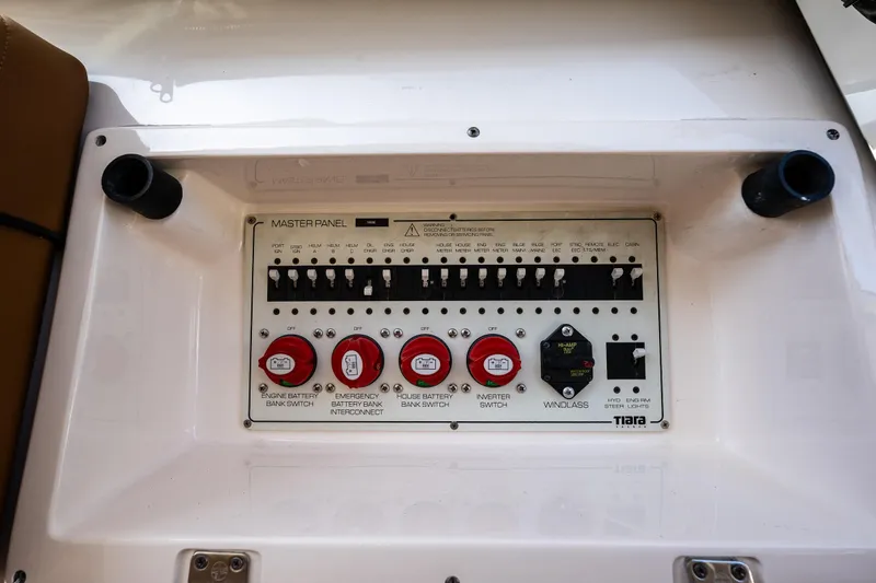 Slide: The Image of Battery master panel on a 2006 Tiara Yachts 4000 Sovran boat. - 63