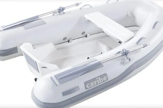 Slide: The Image of Inflatable Caribe L-8 boat, 2025 model, featuring oars and seating. - 6