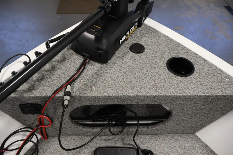 Slide: The Image of 2026 Crestliner 1650 Kodiak SC boat deck with Minn Kota trolling motor and wiring. - 19