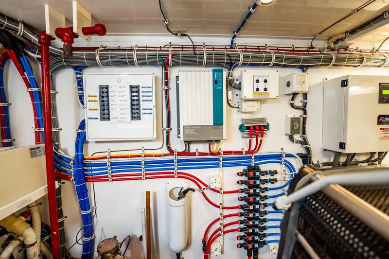 Slide: The Image of Electrical control panel in 2012 Hatteras 80 Motor Yacht engine room, featuring organized wiring. - 164