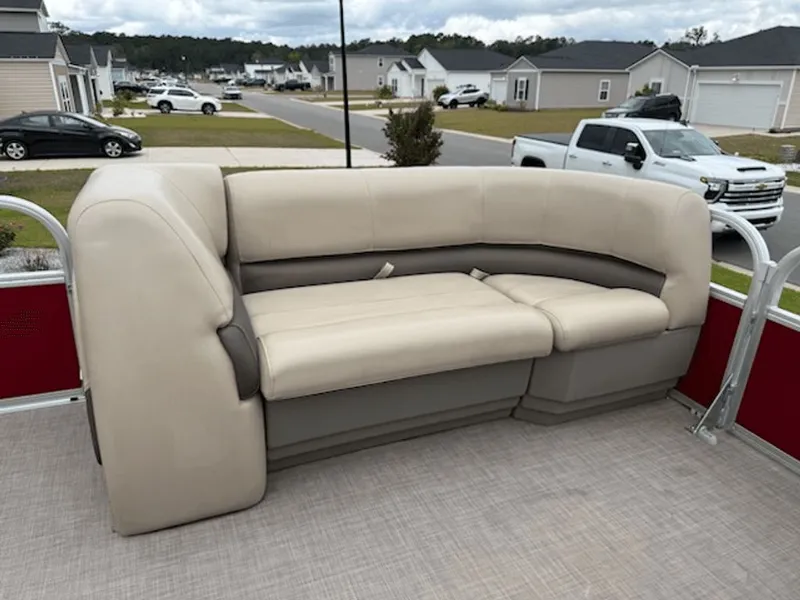 Slide: The Image of 2024 Sun Tracker PARTY BARGE with beige sofa on pontoon boat. - 6