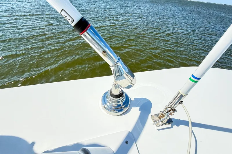 Slide: The Image of 2022 Onslow Bay 41 Tournament boat with fishing rod holders on deck. - 38