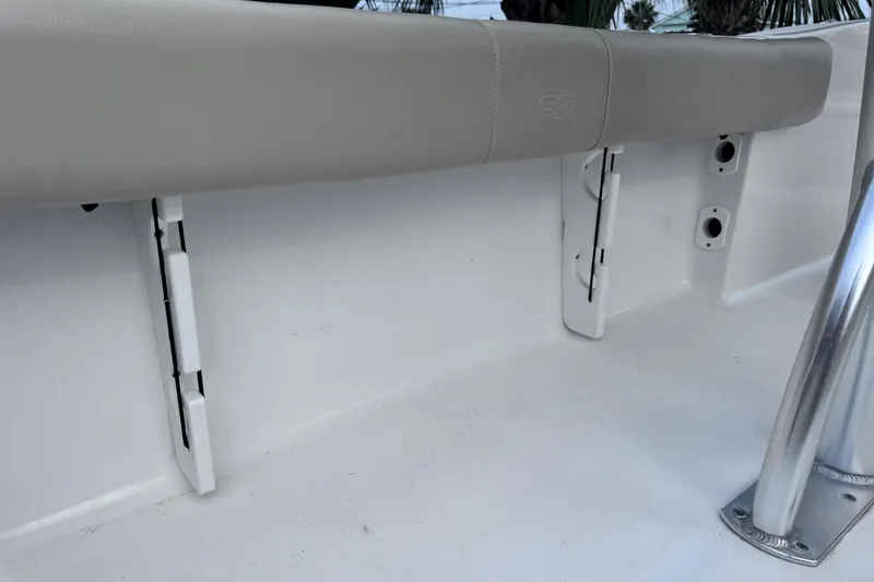Slide: The Image of 2018 Sea Fox 206 Commander boat interior detail with cushioned seating and stainless steel support. - 32
