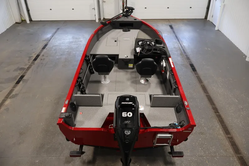Slide: The Image of 2026 Crestliner 1650 HAWK SC fishing boat with Mercury 60 HP engine, red exterior. - 14