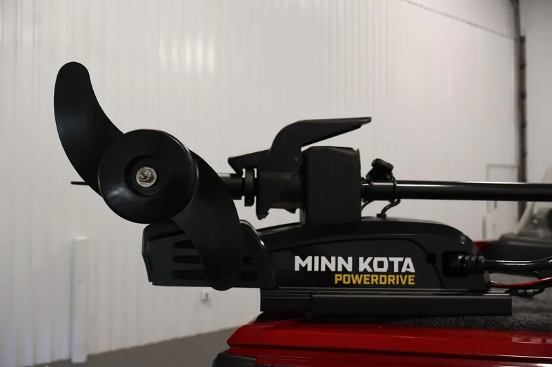 Slide: The Image of Minn Kota PowerDrive motor on 2026 Crestliner 1650 HAWK SC boat in a garage setting. - 17